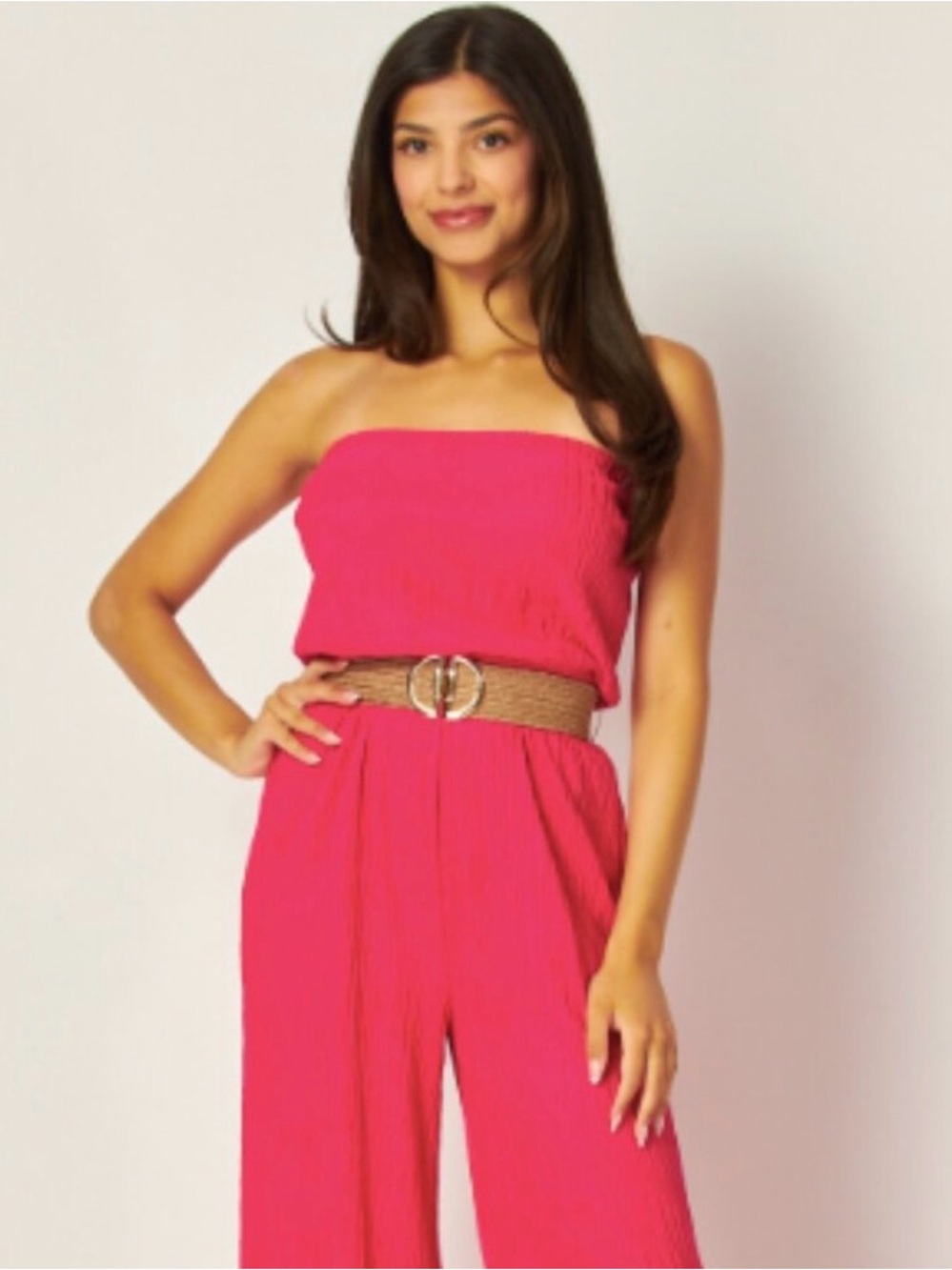 Strapless Hot Pink Wide-Leg Jumpsuit with Woven Belt